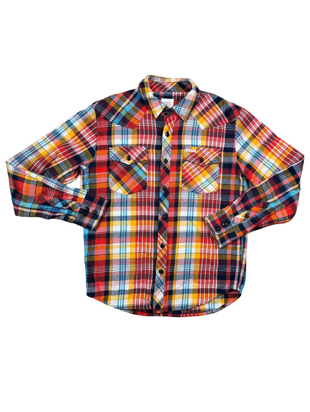 Topo Designs Mens M Flannel Shirt Plaid Red Yellow Blue Cotton Outdoor Workwear